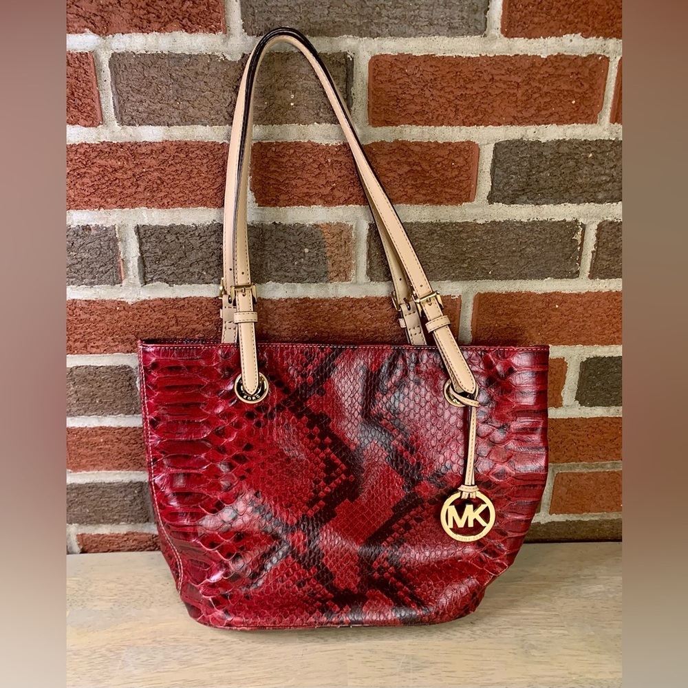 Michael Kors East West‎ Burgundy Red Python Embossed Leather Shoulder Tote Purse